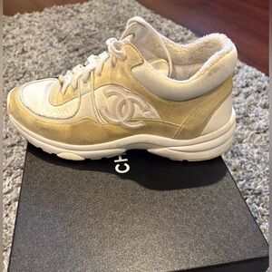 Chanel White and Cream Sneakers. Interlocking CC Logo Suede Sneakers